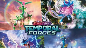 A promotional image of Pokemon TCG Scarlet & Violet Temporal Forces, showing four Legendary Pokemon in the background.