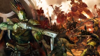 Official artwork of Kroot on a battlefield from Warhammer 40,000 as seen from the Warhammer Las Vegas Open