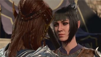 Shadowheart and Lae'zel prepare to kiss in Baldur's Gate 3