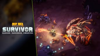 Deep Rock Galactic: Survivor Guide - Cover Image Starter Guide Logo Driller Killing a Dreadnought with Flamethrower Weapons