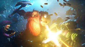 A dwarf firing a blaster while surrounded by enemies in Deep Rock Galactic: Survivor key art