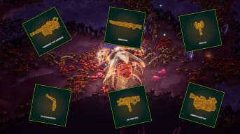 Deep Rock Galactic: Survivor Weapon Unlocks Guide - Cover Image Weapon Icons Arranged Over a Death Screen