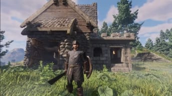 A player standing outside their wooden homestead in Enshrouded