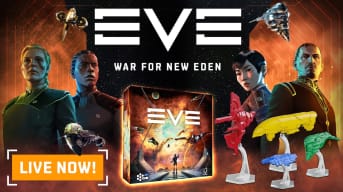 Promotional screenshot of EVE: War For New Eden, featuring the box art, ship miniatures, and several officers in the background.
