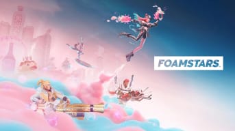 Official artwork for Foamstars, depicting several playable characters surfing a wave of colorful foam