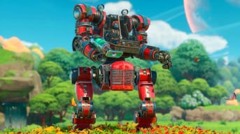 One of the mechs in Lightyear Frontier standing in a calm meadow surrounded by butterflies