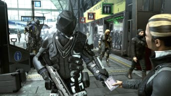A guard checking a citizen's passport in Deus Ex: Mankind Divided, one of April 2018's Humble Monthly games