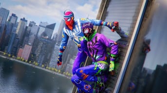 Peter Parker and Miles Morales leaning against a building and wearing the new Gameheads suits in Marvel's Spider-Man 2