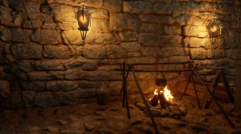 Nightingale Cooking and Food Guide - Cover Image Lit Campfire and Spit Roast in a Stone Building with Lamps on the Walls