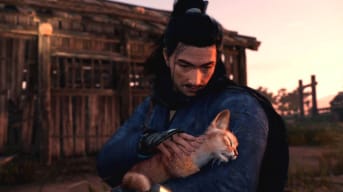 The player character cuddling a cat in Rise of the Ronin
