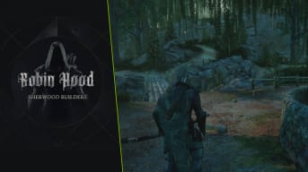 Robin Hood - Sherwood Builders Guide - Cover Image Robin Hood Standing on a Road During the Rain with the Game's Logo on the Left
