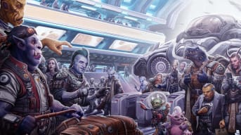 Artwork from Starfinder, featuring multiple alien creatures including goblins, skittermanders, elves, and dwarves