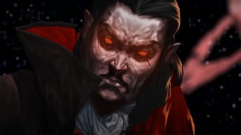 The Vampire Survivors vampire with a space background behind him in artwork for the Vampire Survivors Space-54 update