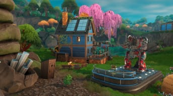 Lightyear Frontier Mech Upgrades Guide - Cover Image Mech in the Upgrade Depot Next to the Mansion by a Pond