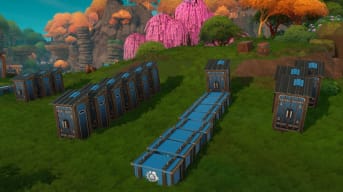 Lightyear Frontier Storage Guide - Cover Image Storage Boxes and Small Sheds Arranged on a Grassy Hill