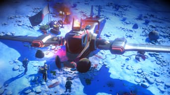 Players gathered around a starship in the No Man's Sky Orbital update
