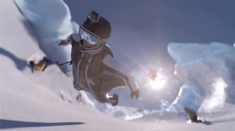 A skiier soaring through the air with other skiiers surrounding them in the Ubisoft game Steep