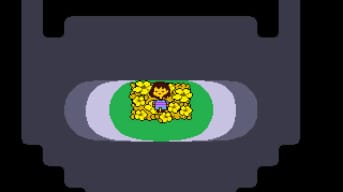The player character in Undertale standing on a bed of yellow flowers