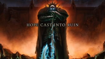 A promo image of Warhammer Age of Sigmar Fourth Edition, showing a Stormcast Eternal in silhouette. The slogan, "Hope Cast Into Ruin" is visible in front.