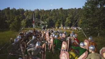 A large-scale battle in the medieval city-builder Manor Lords