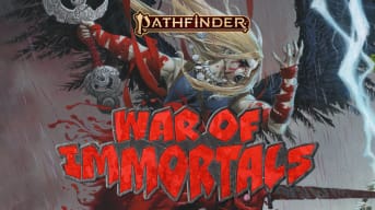 A promotional image of Pathfinder War of Immortals, showing a warrior wielding a blade in the middle of storm clouds raining blood.