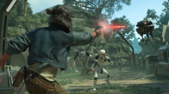 Kay shooting at a floating droid while in battle with Stormtroopers in Star Wars Outlaws