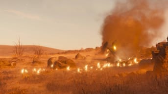 A Helldivers 2 dropship crashing and burning in the plains, setting fire to the area 