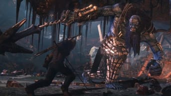 The Witcher 3 screenshot of Geralt crouching while he fights a giant in the background