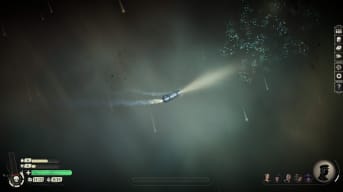 sunless skies screenshot showing a strange vehicle floating in a gassy-looking sky 