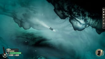 sunless skies screenshot showing a locomotive drfting through a dark corner of space surrounded by space dust. 
