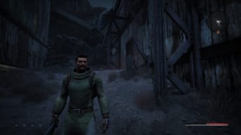 Remnant: From the Ashes Screenshot showing a moustached man standing in the rain with a collapsing building behind him. 