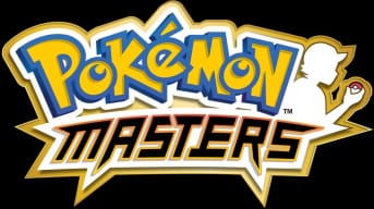 The Pokemon Masters logo, with "pokemon" written in the famous series font, while "masters" is written in a squared modern font along the bottom. 