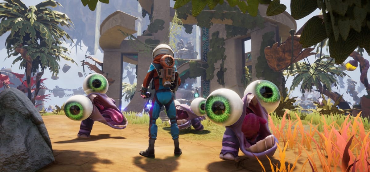 Journey to the Savage planet's big eyed, giant mouth plodding monsters