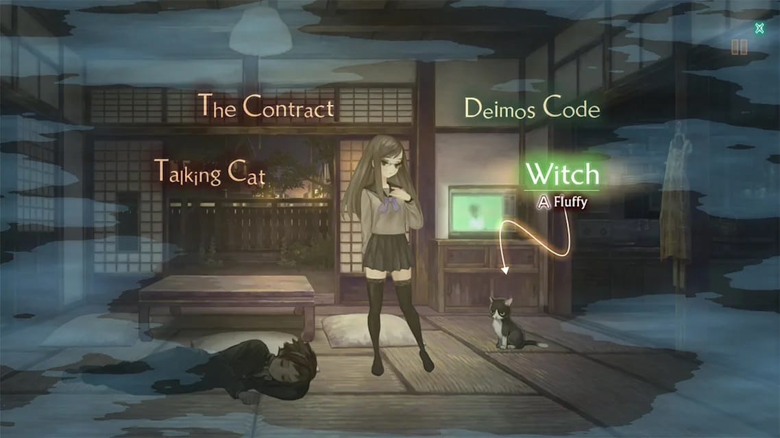 13 Sentinels: Aegis Rim Sales screenshot shows a definitely sane girl talking to her cat.