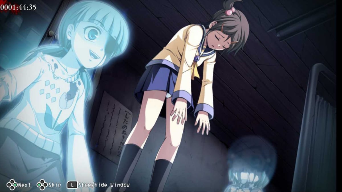 Two child ghosts on either side of a floating high school girl