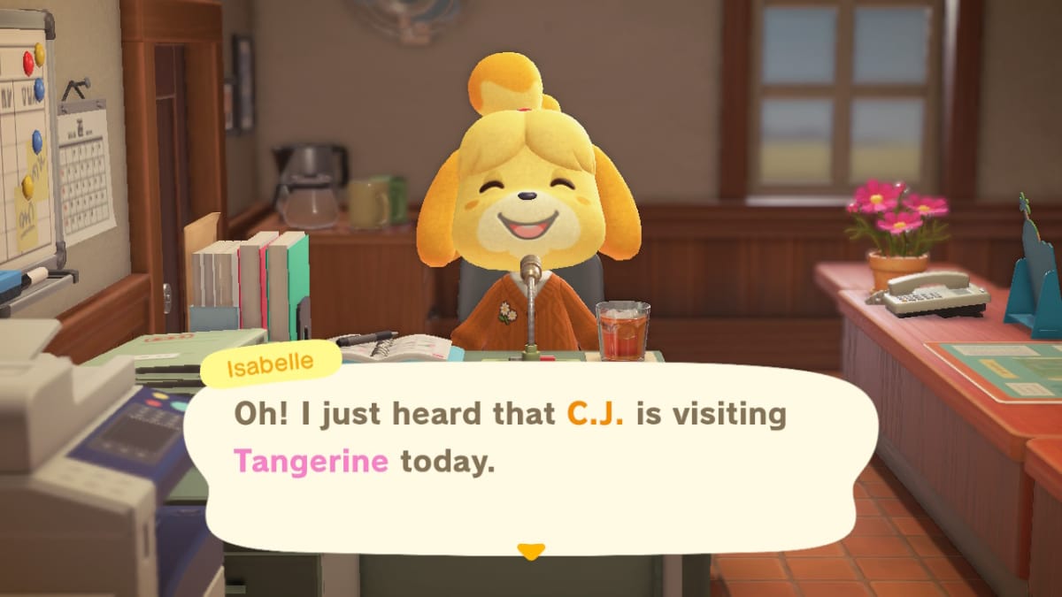 Isabelle's announcing that C.J. is on the island in Animal Crossing