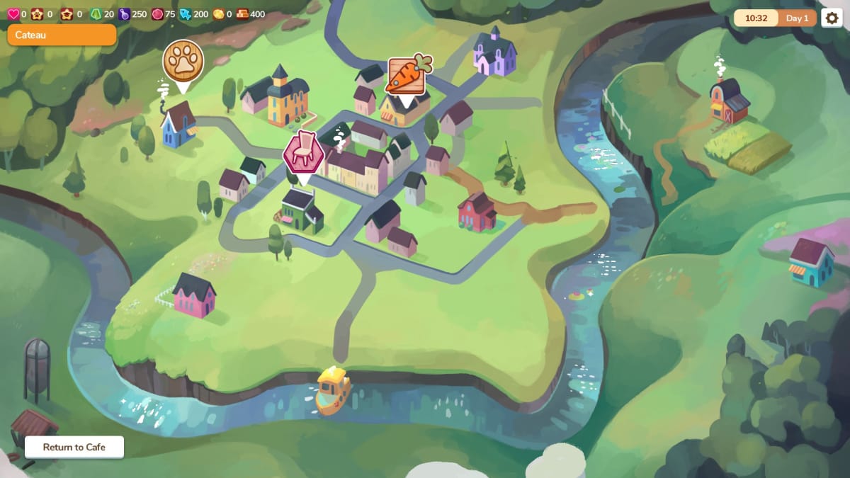 A map of town in Cat Cafe Manager