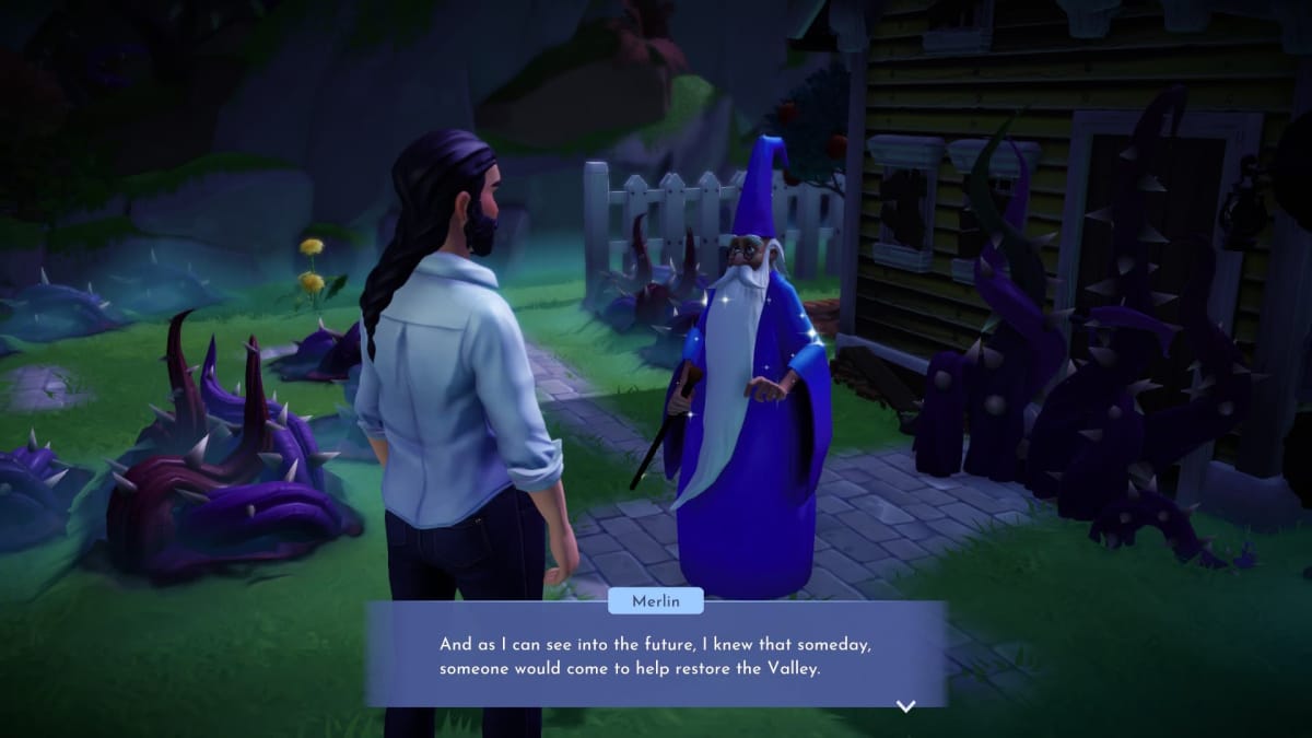 Screenshot of Merlin in Dreamlight Valley, explaining how he can see into the future, Disney Dreamlight Valley Merlin Guide