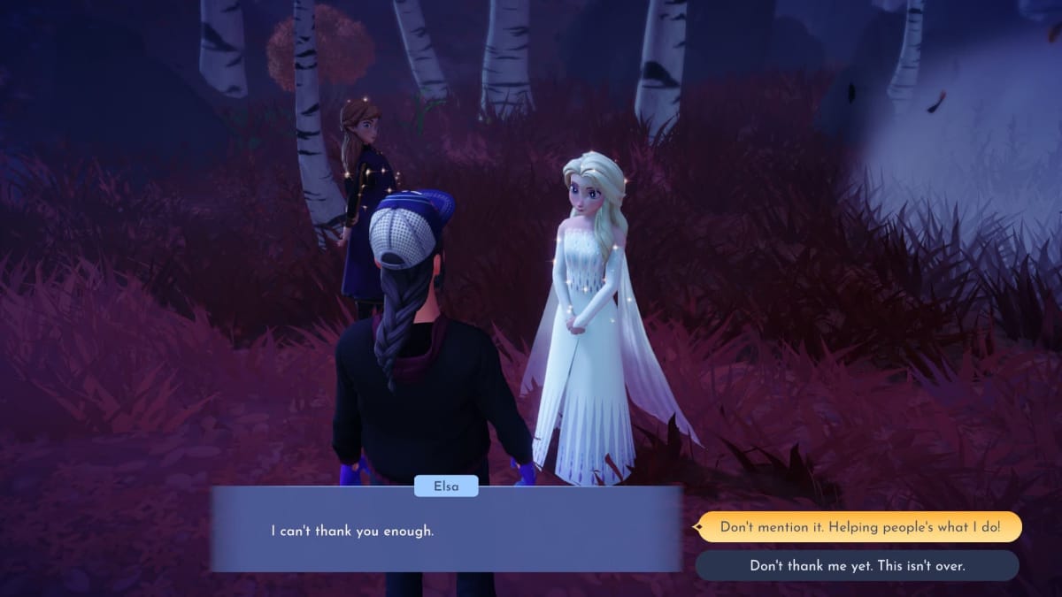 Screenshot of Elsa standing in the woods of the Frozen Realm, Disney Dreamlight Valley Elsa Guide