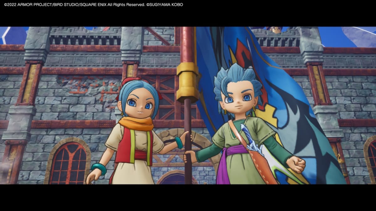 Erik and Mia holding a flag in Dragon Quest Treasures