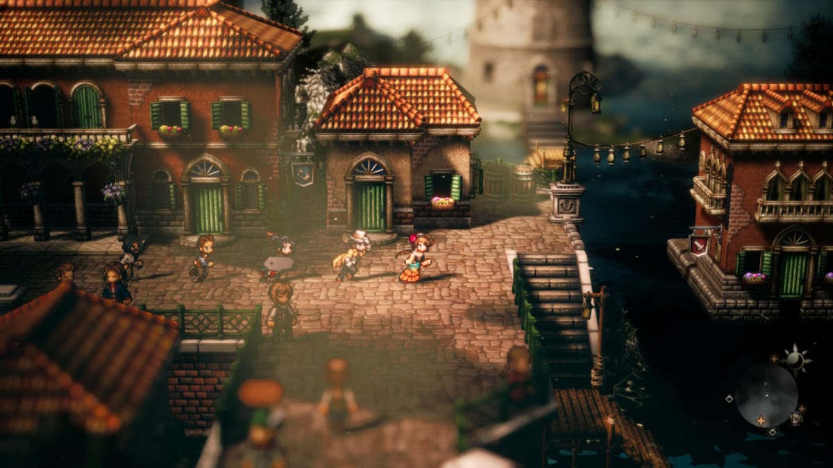 Characters running in a town in Octopath Traveler II