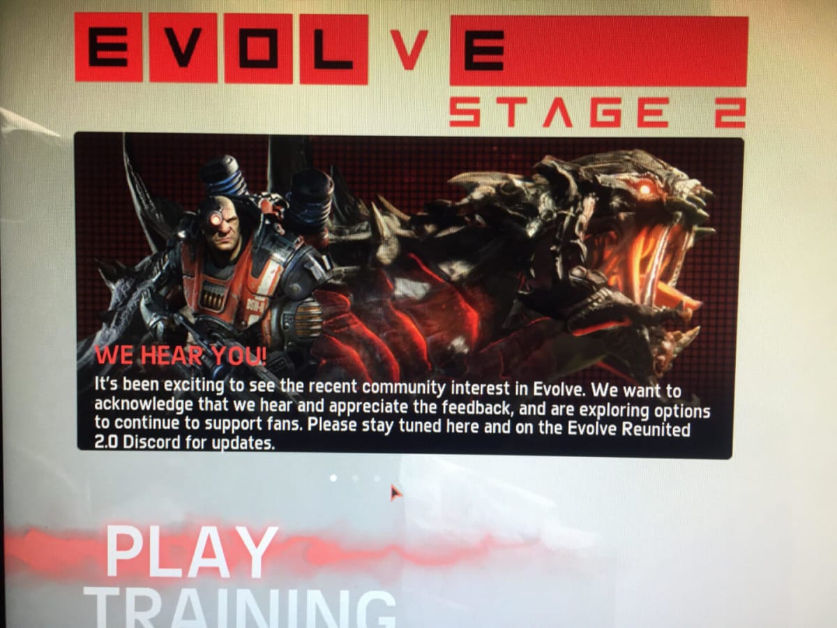 A message within Evolve in which 2K says it wants to "support" fans as they play the now-defunct game