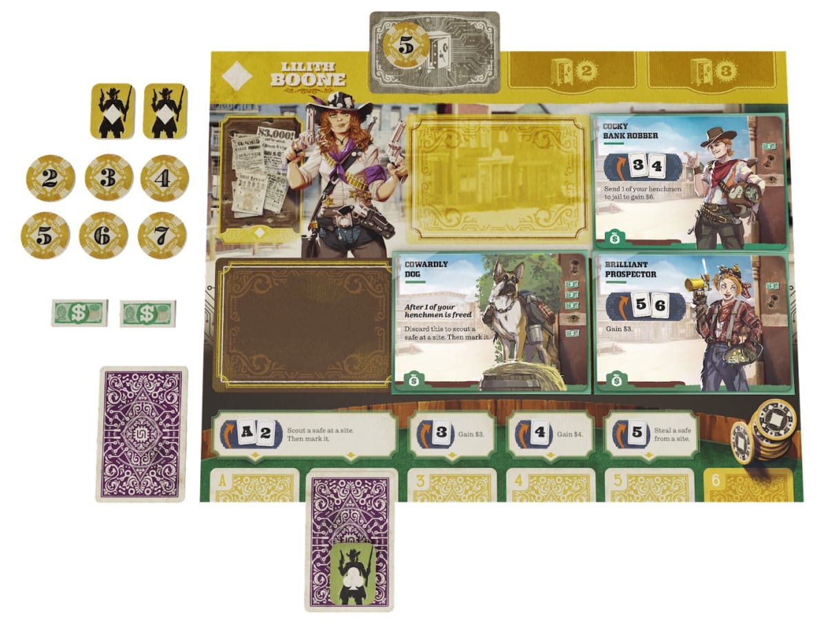 A sample player board for 3000 Scoundrels showing off the various elements of the game