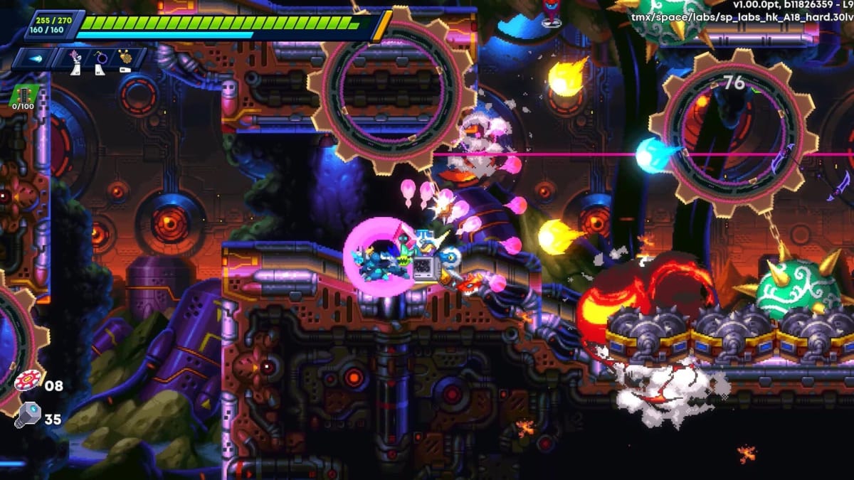 Nina dashes amid lots of bullets and attacks in stage 9 of 30XX