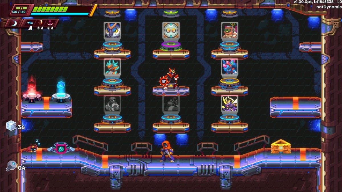 Ace stands at the center of the Mega Mode screen in 30XX, where the player can choose the next boss to fight.