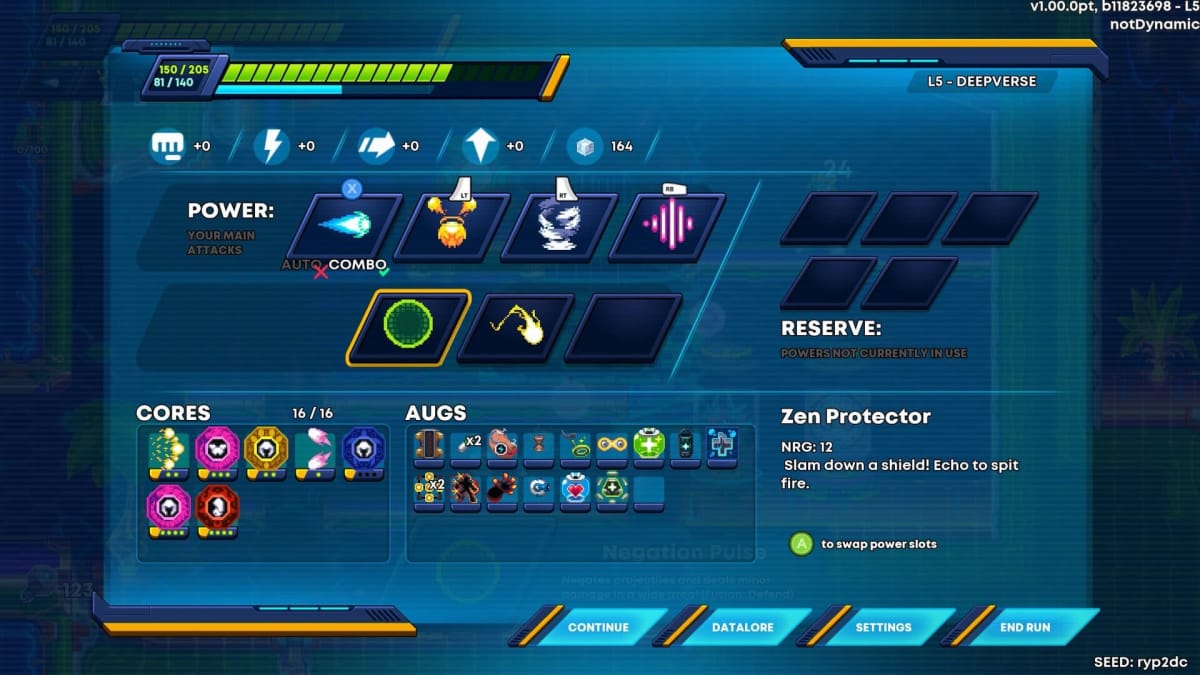 The pause menu in 30XX shows off Nina's different fusion powers, like Zen Protector.