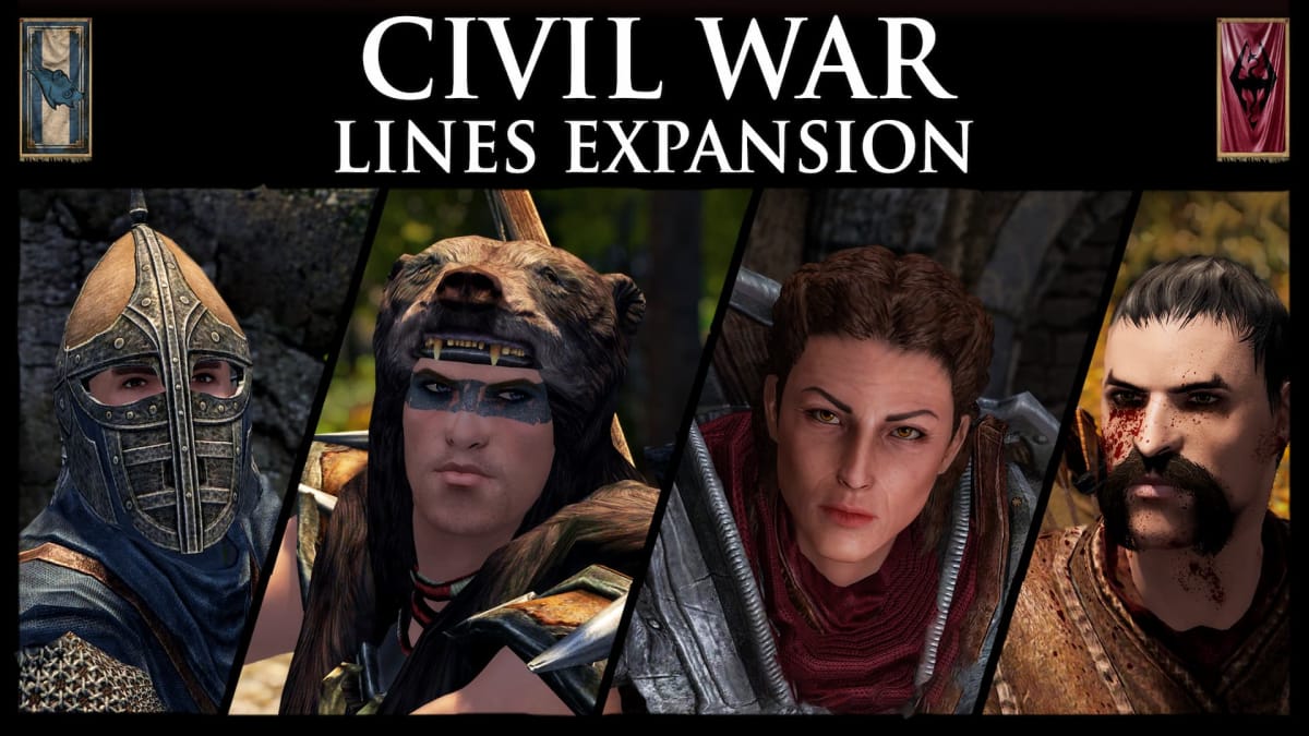 Screenshot of the New skyrim mod, civil war lines expansion, showing off four different in game characters side by side 