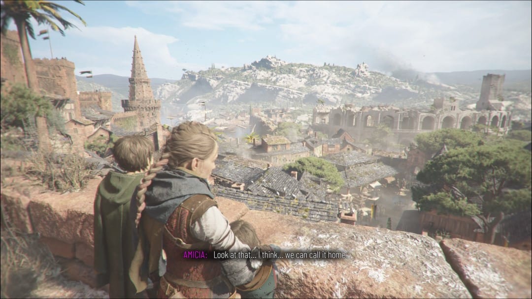 Amicia and Hugo looking over a city in A Plague Tale: Requiem
