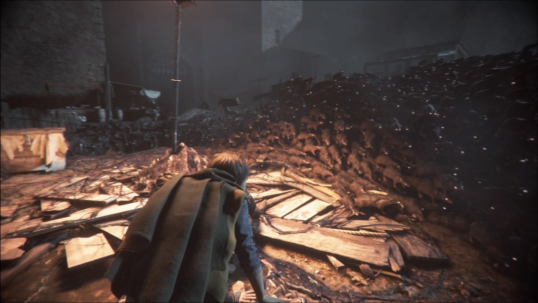 Lucas and Amicia surrounded by rats in A Plague Tale: Requiem