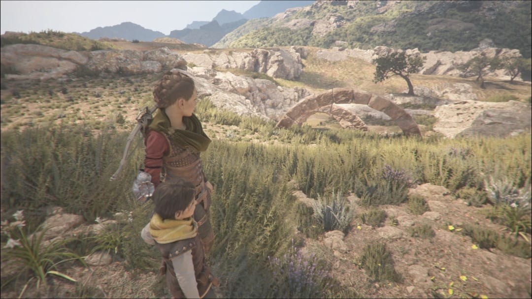 Amicia and Hugo staring at a stone circlet path from A Plague Tale Requiem